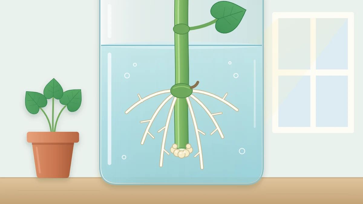 Lower end of a green stem cutting in clear water with a pale lumpy callus at the cut and white roots growing from the leaf joint above