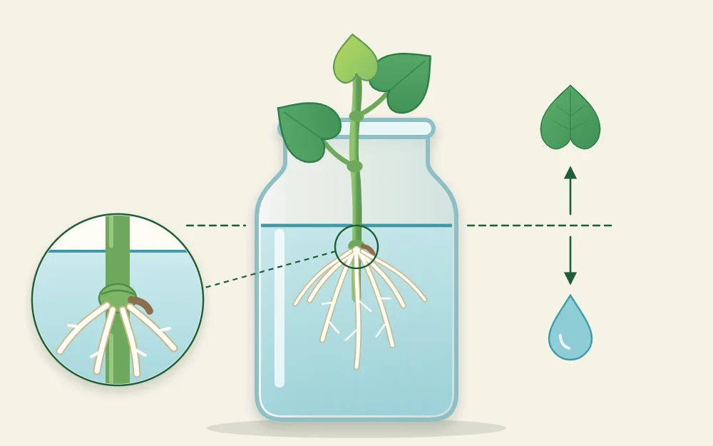Cutaway view of a glass jar with the leaf joint of a cutting below the water line, roots growing from it and all leaves above the water