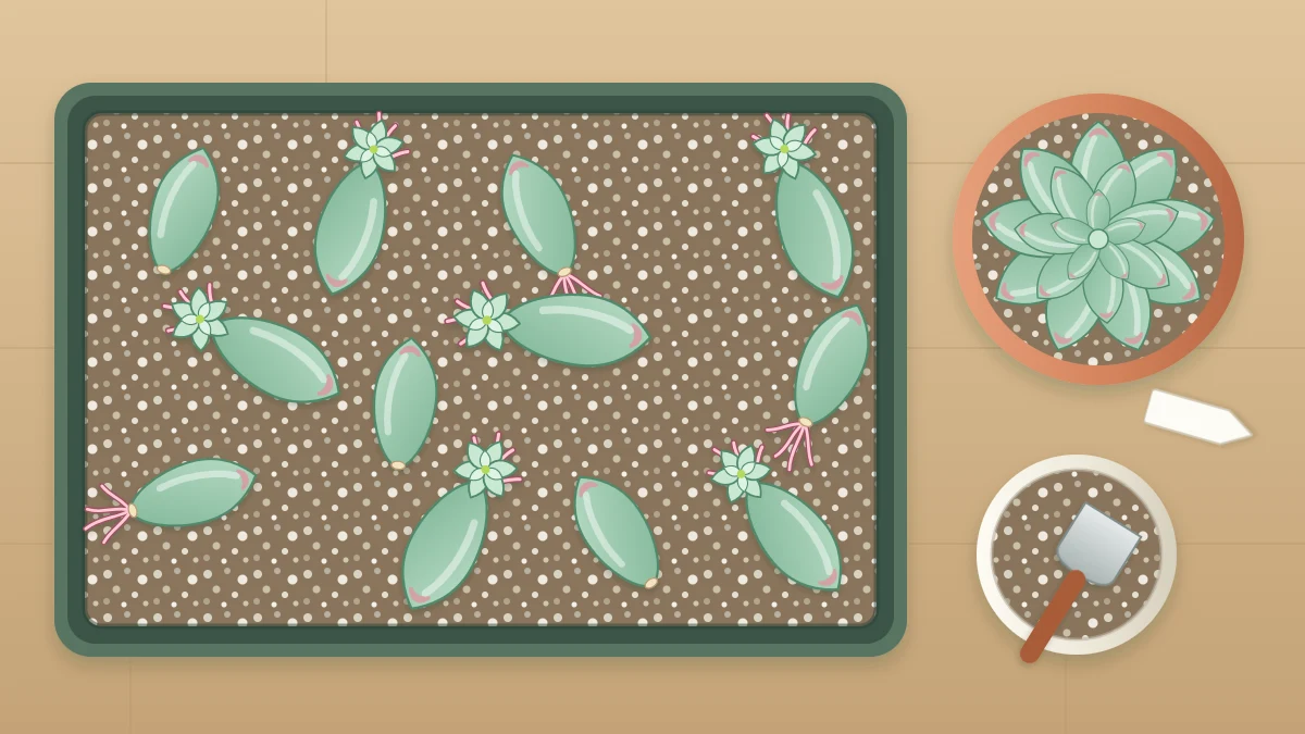 A shallow tray of gritty mix with a dozen plump succulent leaves on the surface, several with tiny pink roots and miniature rosettes
