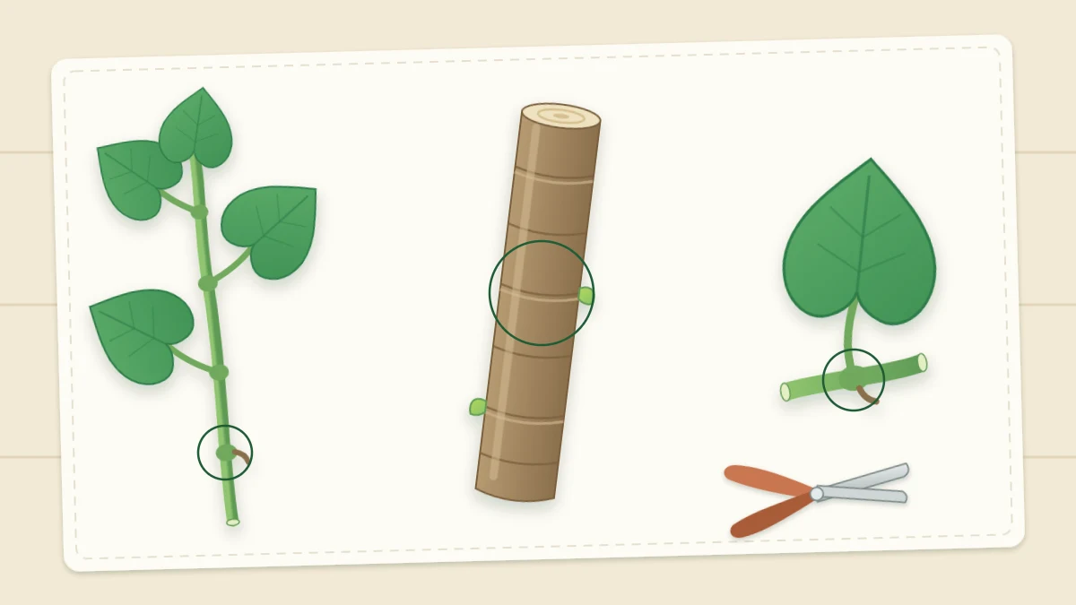 Three kinds of cutting side by side on a pale table: a leafy stem tip, a thick bare section of cane and a single leaf on a short piece of stem